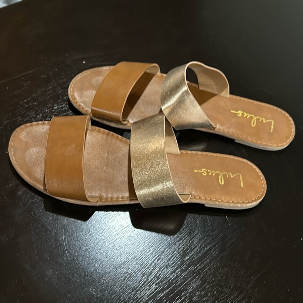 Lulu’s Time to Chill Tan and Rose Gold Slide Sandals